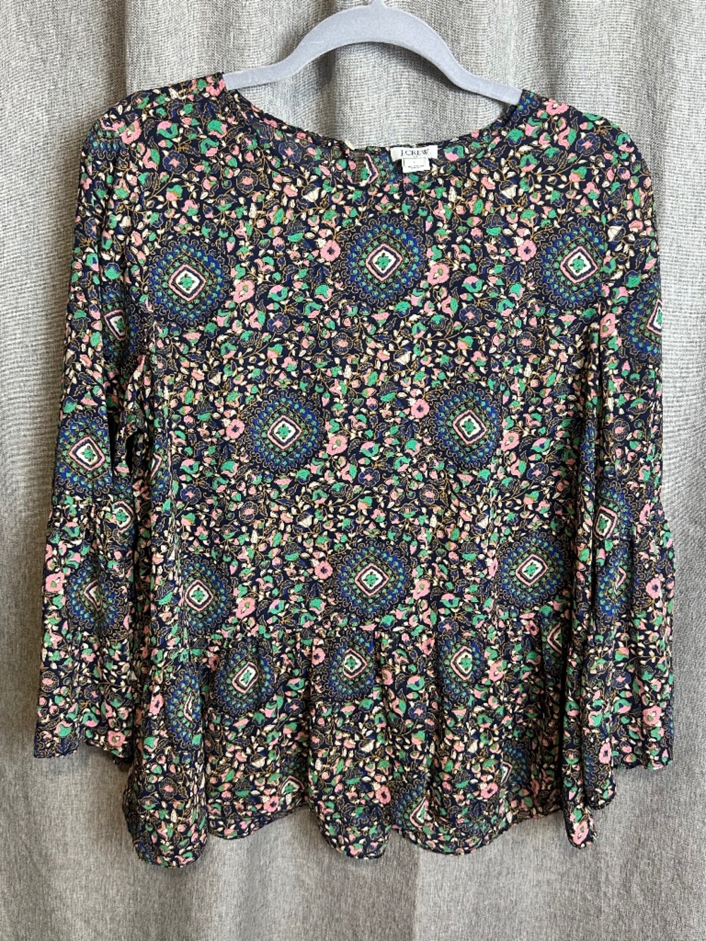 J. Crew Floral Medallion Peplum Blouse Bell Sleeve Navy Multi Large